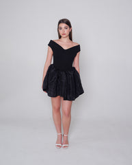 Black taffeta off the shoulder dress