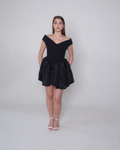 Black taffeta off the shoulder dress