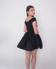 Black taffeta off the shoulder dress