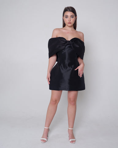 black satin off the shoulder dress