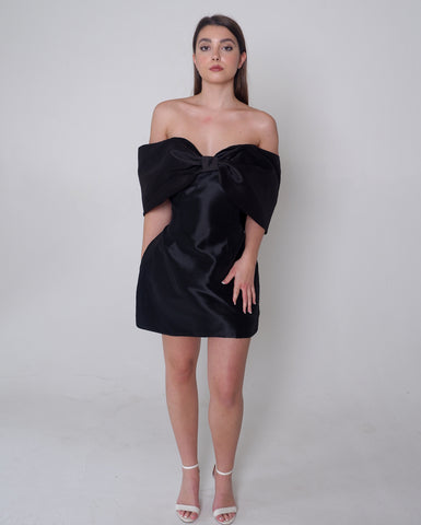 black satin off the shoulder dress