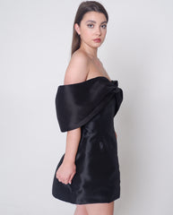 black satin off the shoulder dress