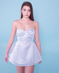 Blue strapless satin dress