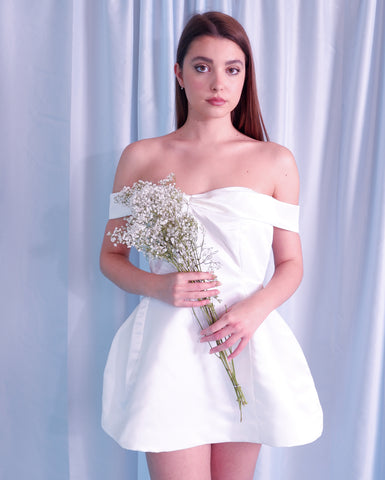 Ivory satin off the shoulder dress