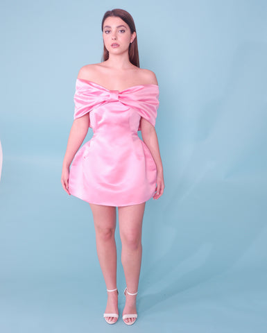 Pink satin off the shoulder dress