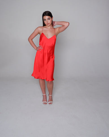 Red slinky satin slip dress