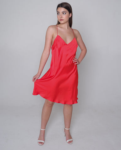 Red slinky satin slip dress